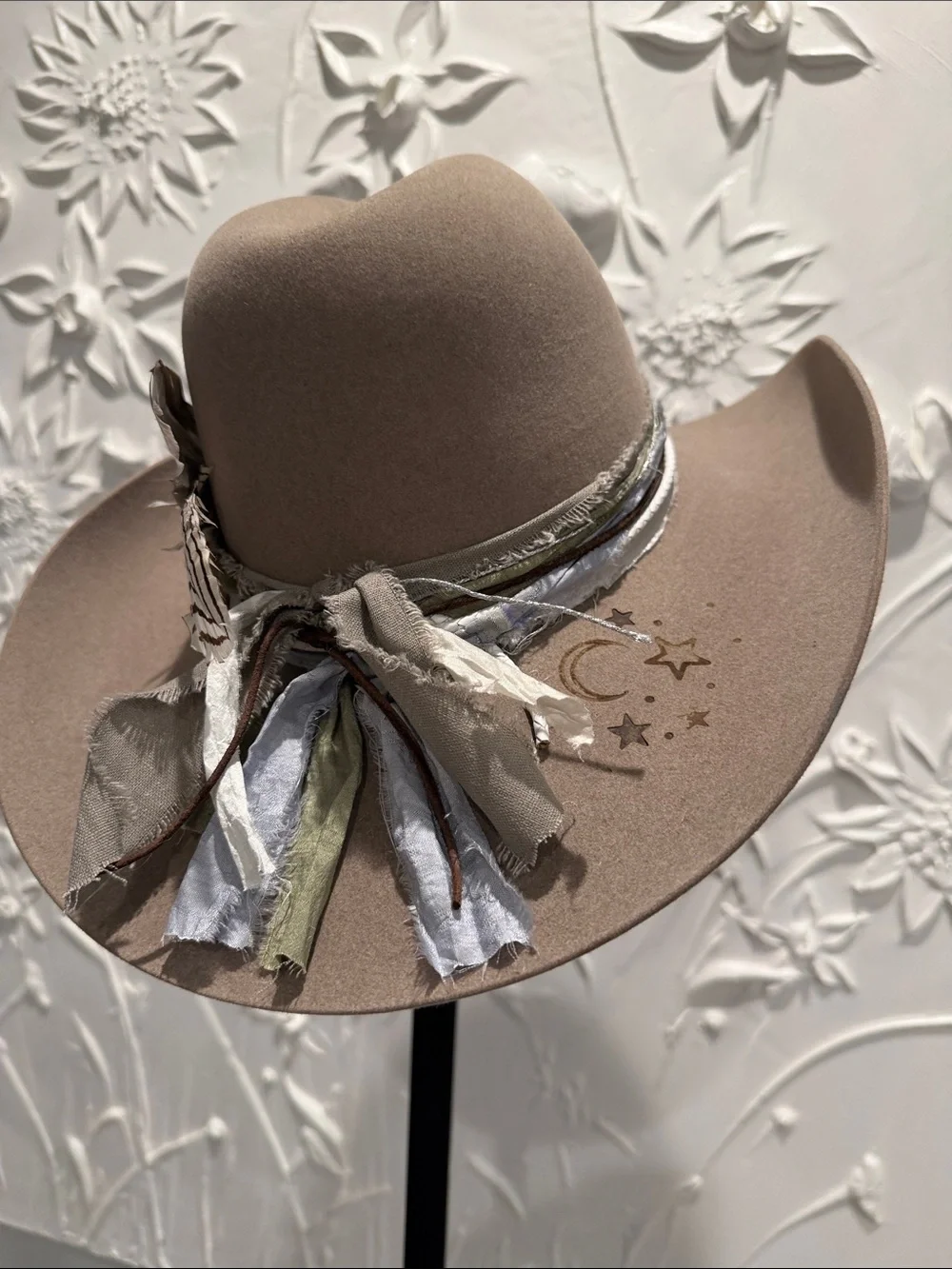Taupe rabbit  cowboy Hat with Feather and Ribbon Trim